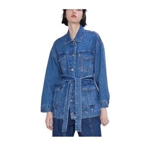 Zara Womens Blue Denim Belted Utility Jacket 4 Pocket Oversized Size S